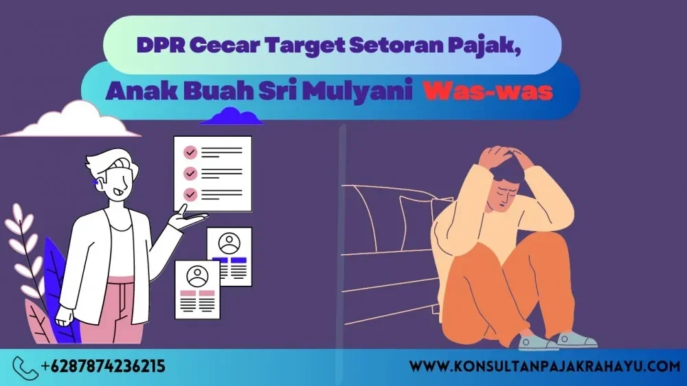 Ilustrasi pria cemas karena target pajak dan pria berjas memegang daftar.