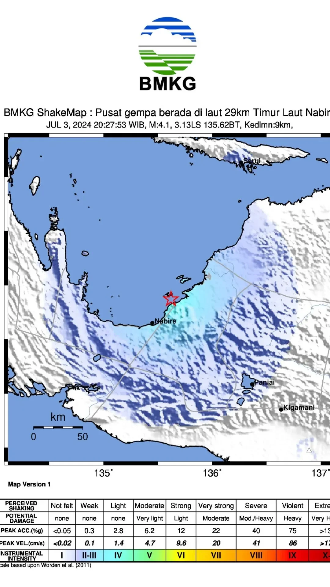 Peta guncangan gempa Magnitudo 6,5 di Nabire, Papua Tengah, dipicu Sesar Anjak Weyland.