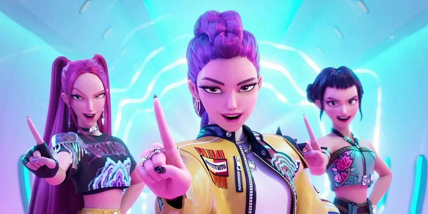 Tiga karakter animasi KPop Demon Hunters berpose percaya diri dengan gaya idol K-Pop.