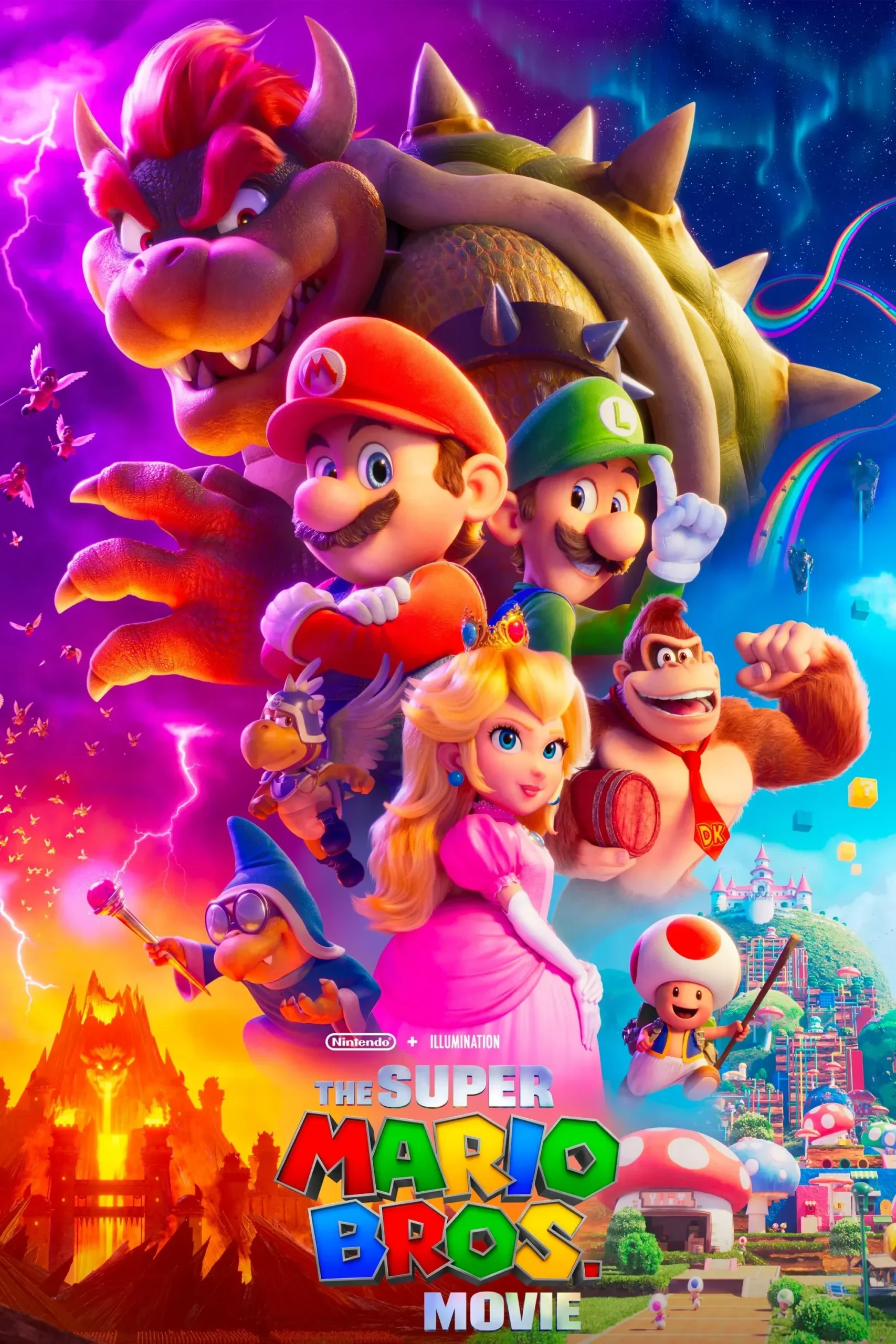 Poster film The Super Mario Bros. Movie menampilkan Bowser, Mario, Luigi, dan Princess Peach.