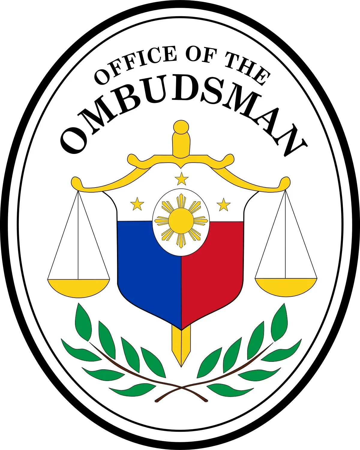 Logo Ombudsman dengan timbangan keadilan, matahari, perisai merah biru, dan daun hijau.