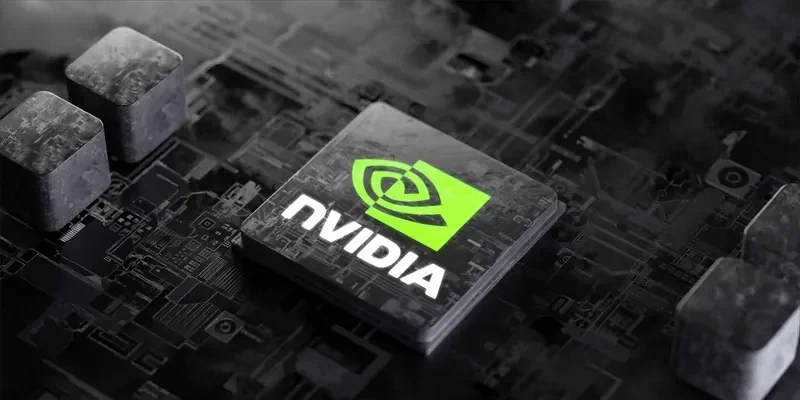 Chip semikonduktor Nvidia dengan logo hijau di papan sirkuit digital, dilarang China.