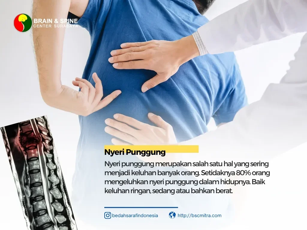 Pasien dengan nyeri punggung diperiksa dokter, didampingi citra MRI tulang belakang yang menunjukkan masalah.