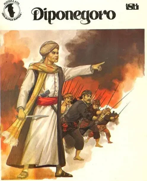 Ilustrasi Pangeran Diponegoro memimpin pertempuran dengan latar belakang api dan pasukan bersenjata.