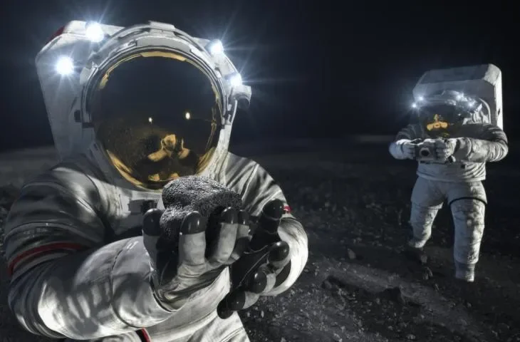 Dua astronaut memegang sampel batuan di permukaan bulan dengan latar belakang gelap.