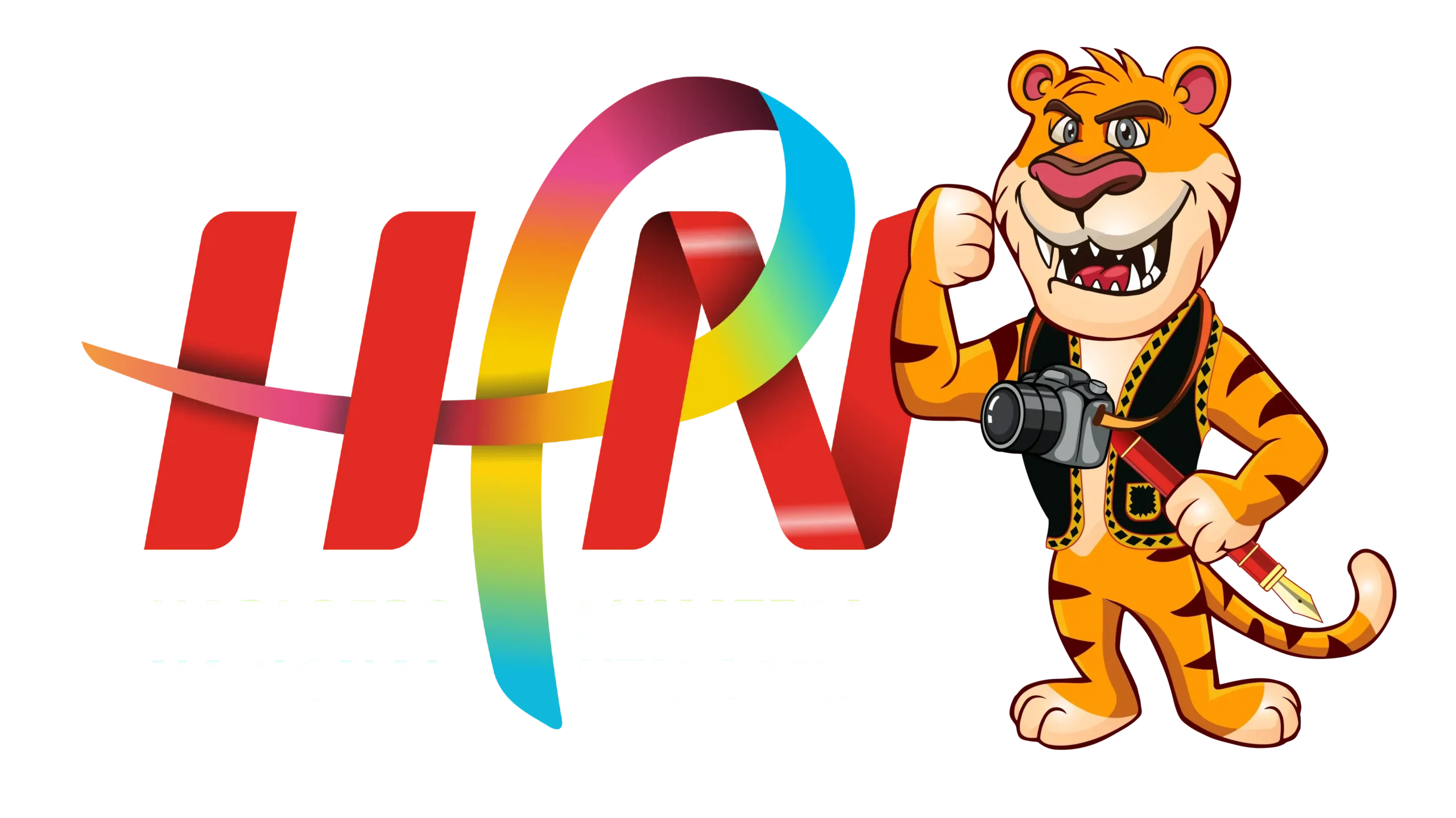 Logo Hari Pers Nasional 2023 dengan maskot harimau memegang kamera dan pena.