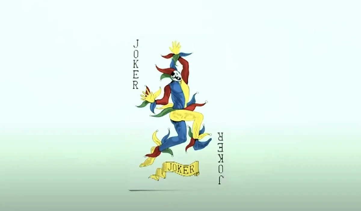 Kartu Joker dengan ilustrasi badut berwarna-warni, misteri di Alice in Borderland.