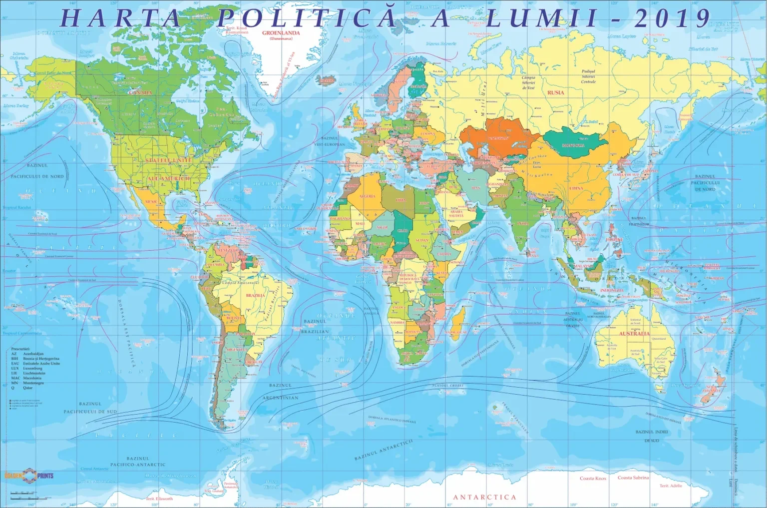 Peta politik dunia tahun 2019, menampilkan batas-batas negara dan wilayah.
