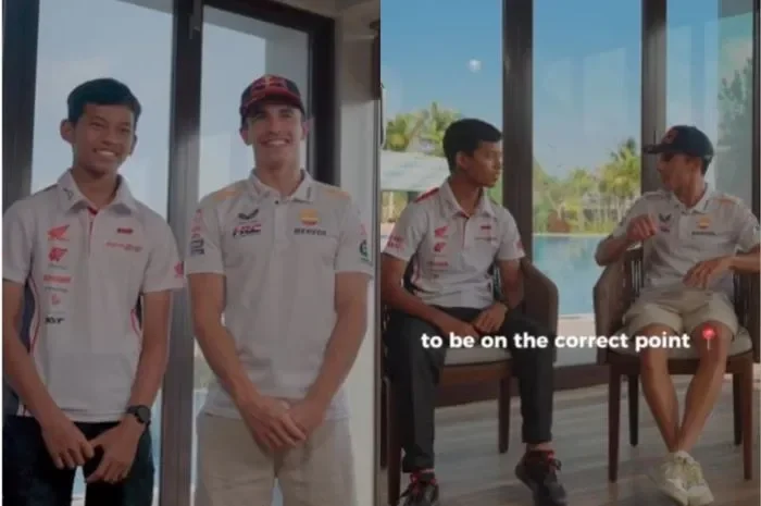 Marc Marquez bersama pebalap muda Indonesia, tersenyum ramah, mengenakan seragam balap.