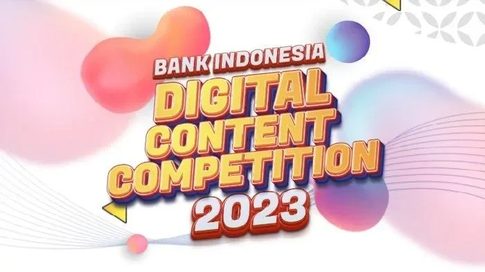 Logo "Bank Indonesia Digital Content Competition 2023" dengan latar belakang abstrak warna pastel.