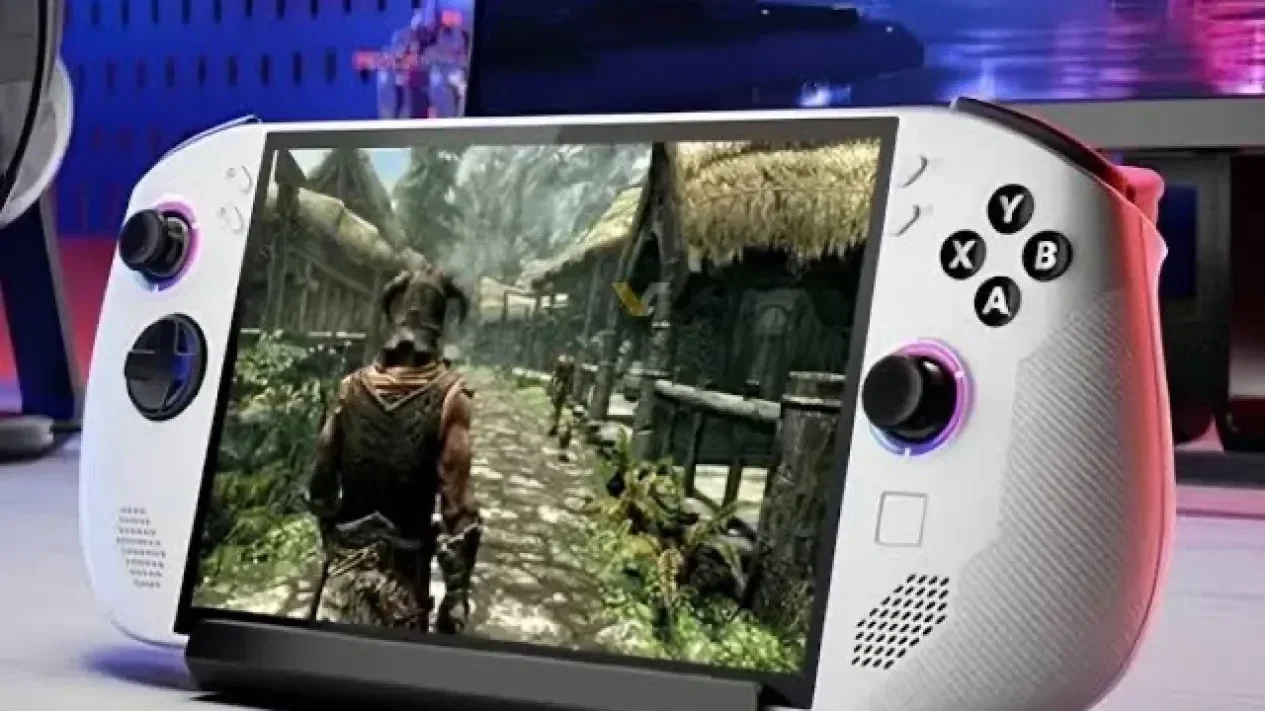 Perangkat genggam modern menampilkan layar video game fantasi dengan karakter berpakaian zirah.