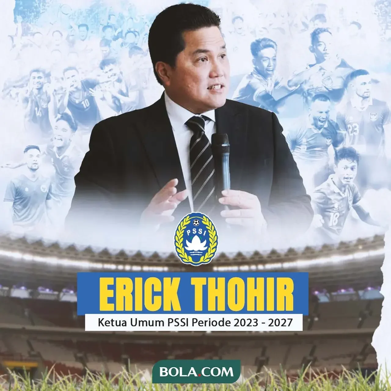 Erick Thohir, Ketua Umum PSSI, berbicara di depan latar belakang pemain sepak bola dan stadion.