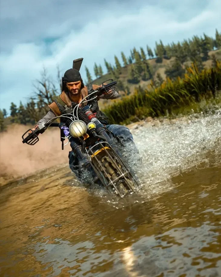 Aksi seorang pria bermotor menerjang sungai, cocok untuk adegan laga Sakamoto Days.