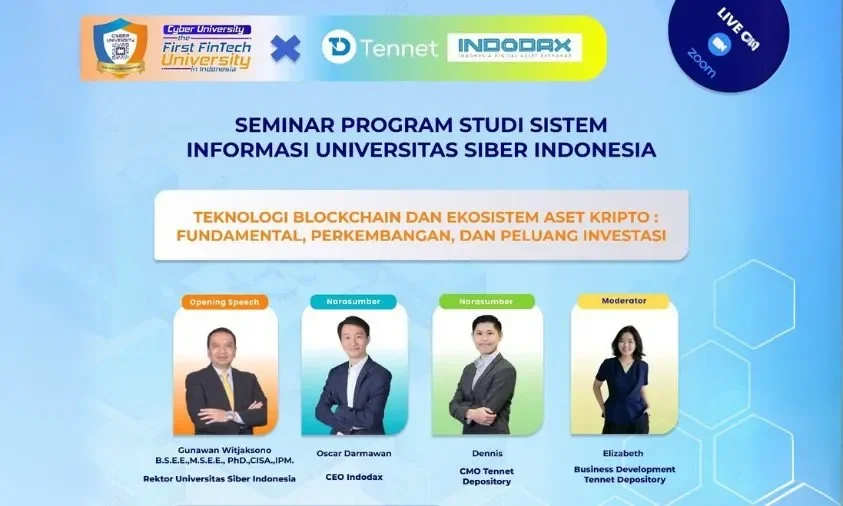 Poster seminar Cyber University tentang teknologi blockchain dan aset kripto bersama Indodax dan Tennet.