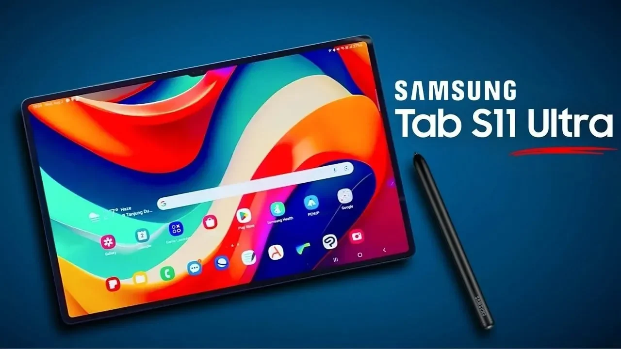Samsung Galaxy Tab S11 Ultra dengan S-Pen, menampilkan layar penuh warna dan ikon aplikasi.