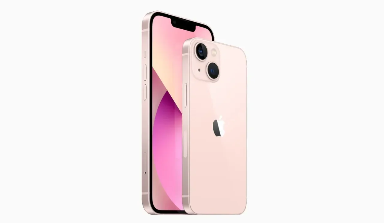 Dua unit iPhone berwarna merah muda, satu menunjukkan layar menyala dan satu menampilkan logo Apple.