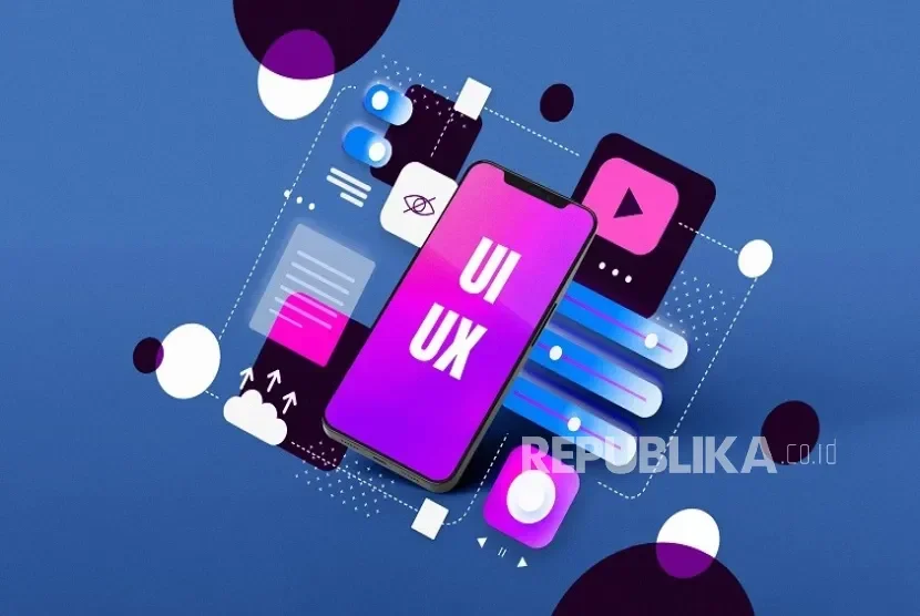Ilustrasi desain UI/UX modern dengan elemen aplikasi digital dan smartphone.