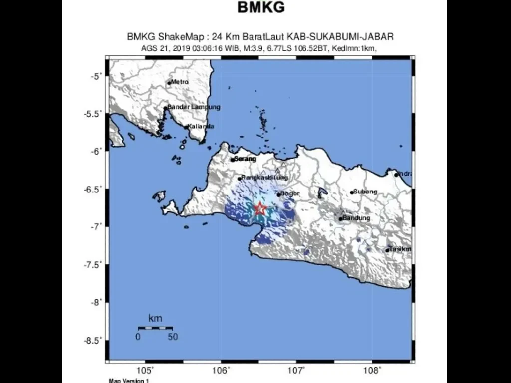 Peta BMKG menunjukkan pusat gempa Sukabumi 21 Agustus 2019.