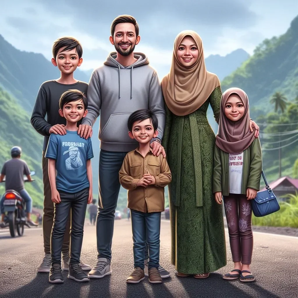Ilustrasi keluarga bahagia: ayah, ibu berhijab, tiga anak laki-laki, dan seorang anak perempuan.