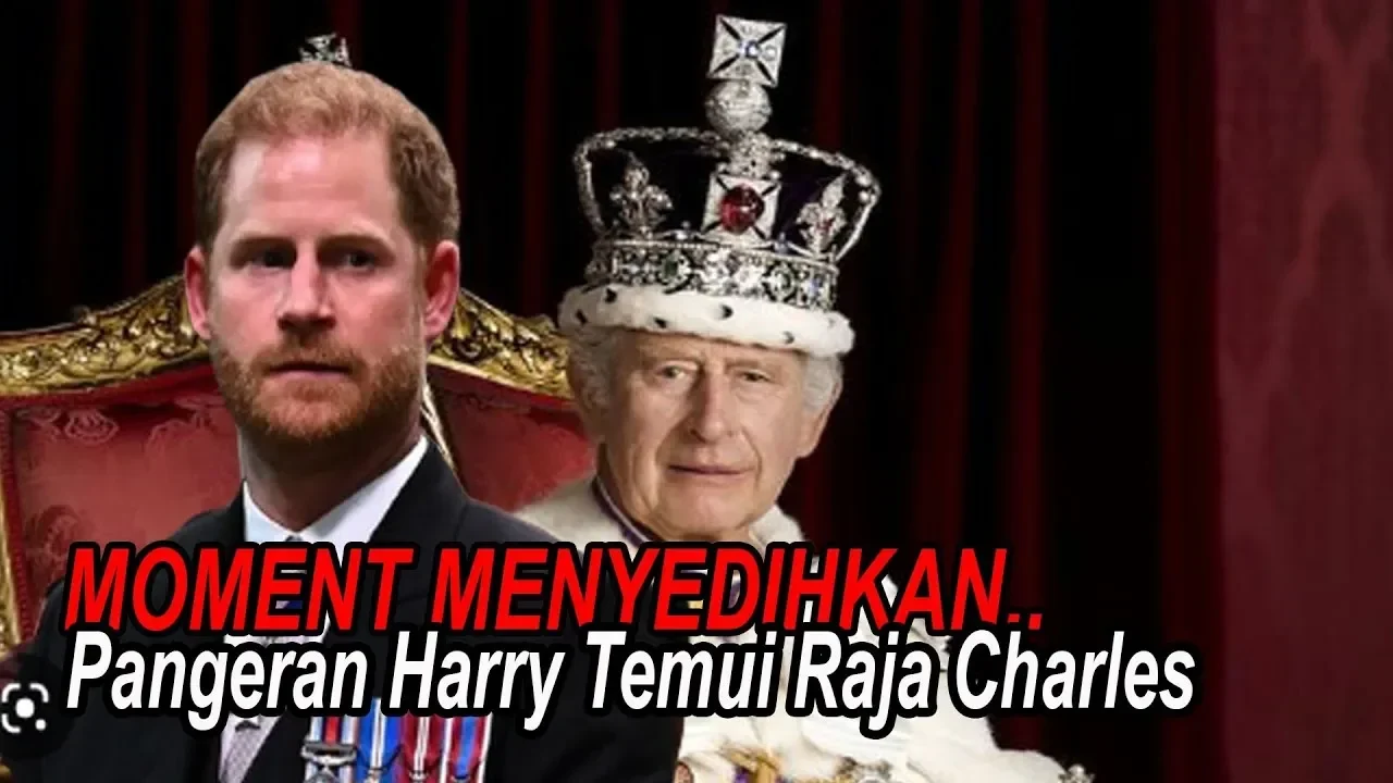 Pangeran Harry dan Raja Charles III, dengan Raja mengenakan mahkota kerajaan.