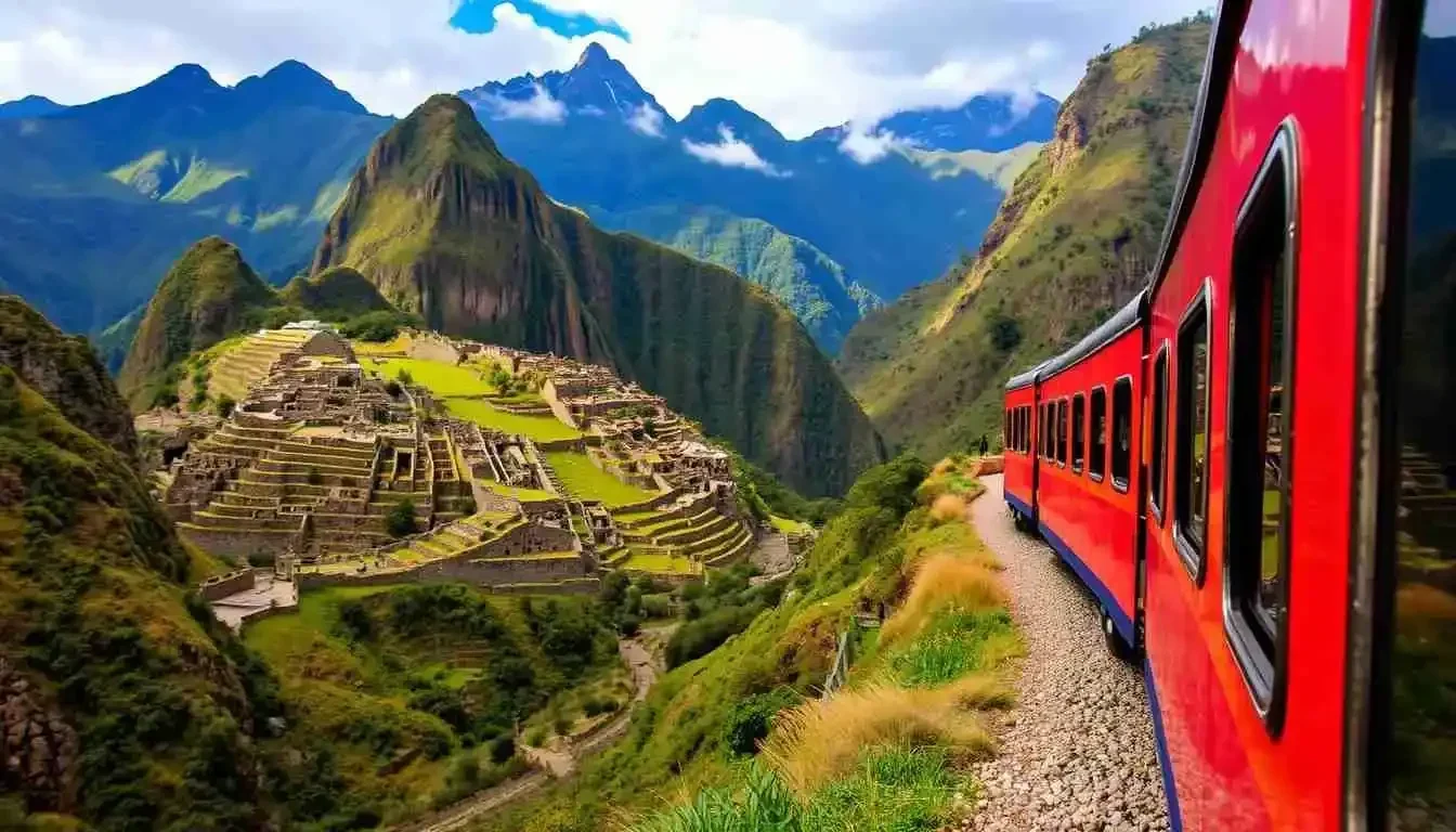 Kereta merah melintasi jalur pegunungan indah dengan situs kuno Machu Picchu di latar belakang.