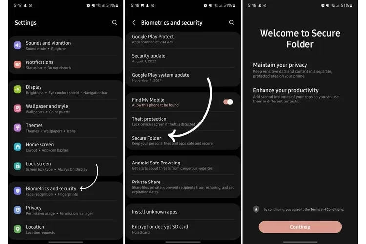 Cuplikan layar pengaturan ponsel Samsung menampilkan menu keamanan dan opsi Folder Aman.