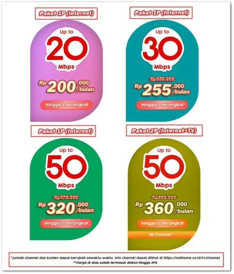 Paket harga berlangganan layanan internet dan TV berbayar dengan berbagai kecepatan.