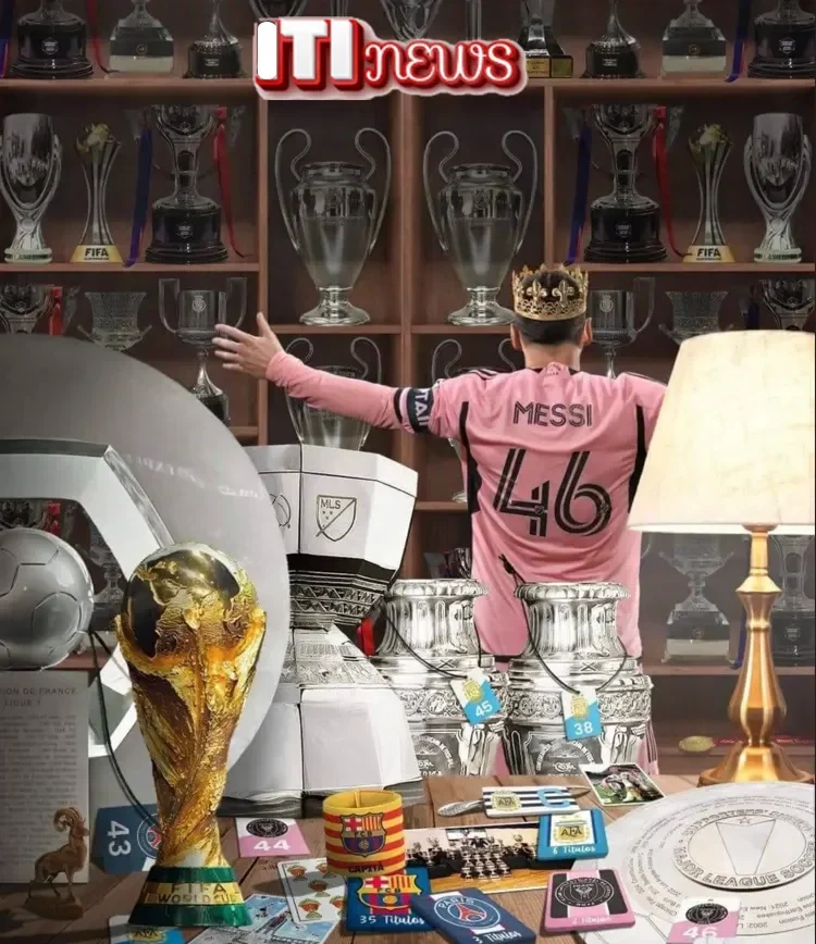Pemain sepak bola Lionel Messi dikelilingi koleksi trofi sepak bola melimpah, termasuk Piala Dunia.