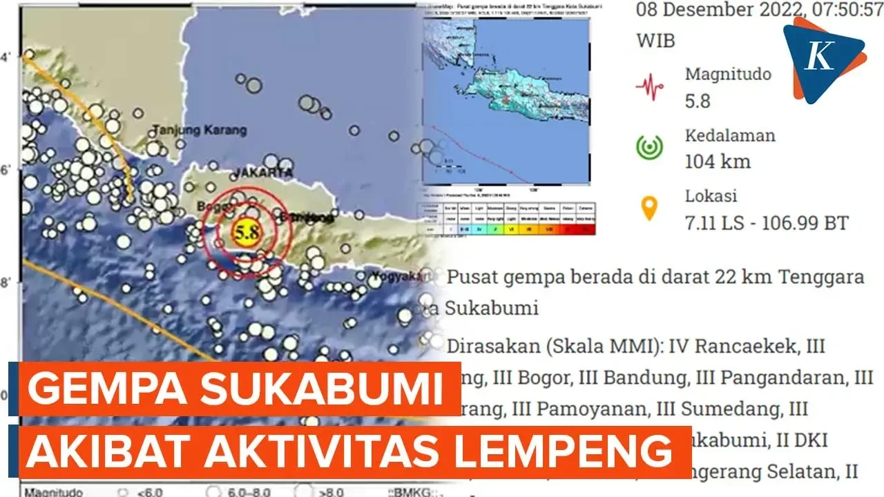 Peta lokasi gempa Sukabumi dengan magnitudo 5.8, kedalaman 104 km.