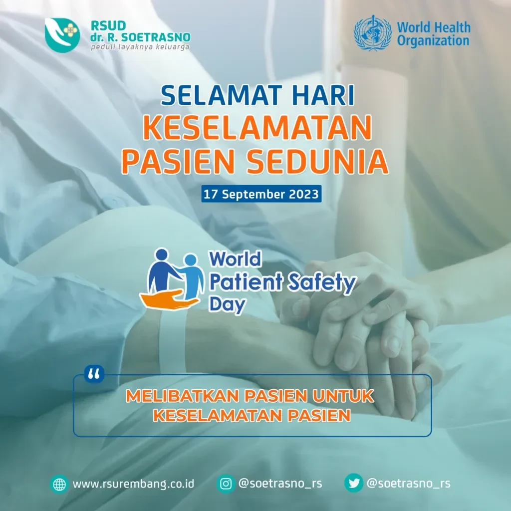 Ilustrasi Hari Keselamatan Pasien Sedunia dengan teks dan logo organisasi kesehatan.