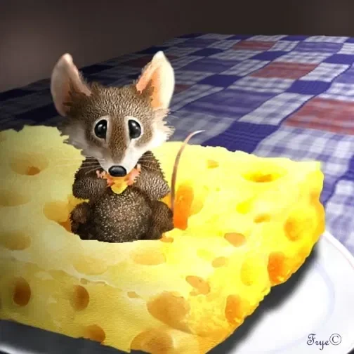Tikus kecil menggemaskan menikmati sepotong keju besar di atas piring dengan latar meja kotak-kotak.