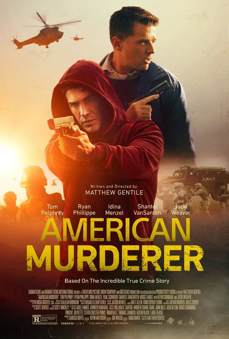 Poster film "American Murderer" dengan adegan aksi bersenjata dan helikopter.