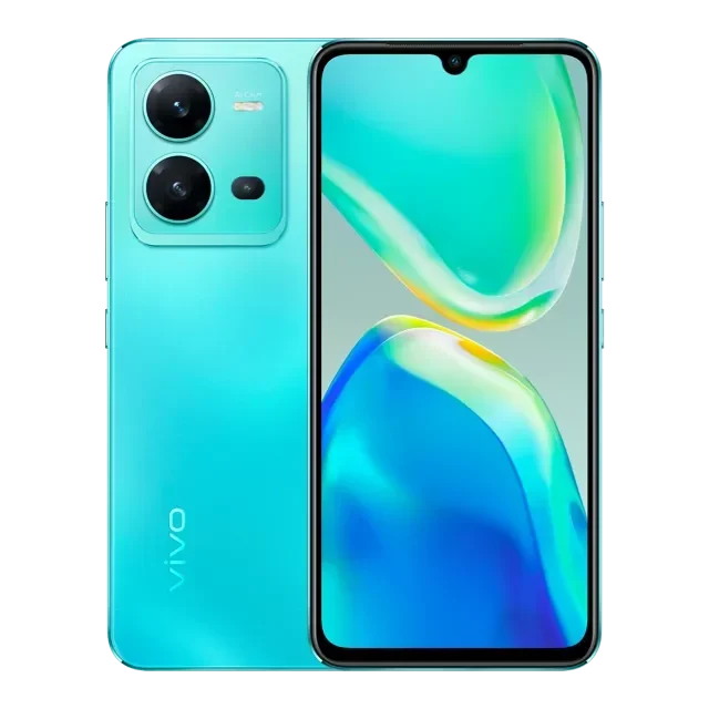 Ilustrasi desain Vivo X300 series dengan modul kamera bulat dan warna aquamarine.