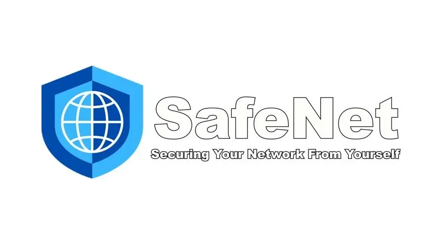 Logo SafeNet dengan ikon perisai dan globe, bertuliskan "Securing Your Network From Yourself".