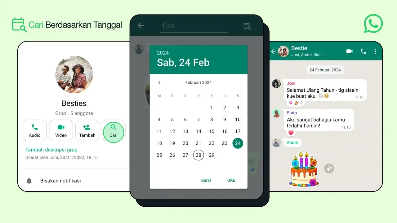 Tampilan fitur pencarian pesan berdasarkan tanggal di WhatsApp.