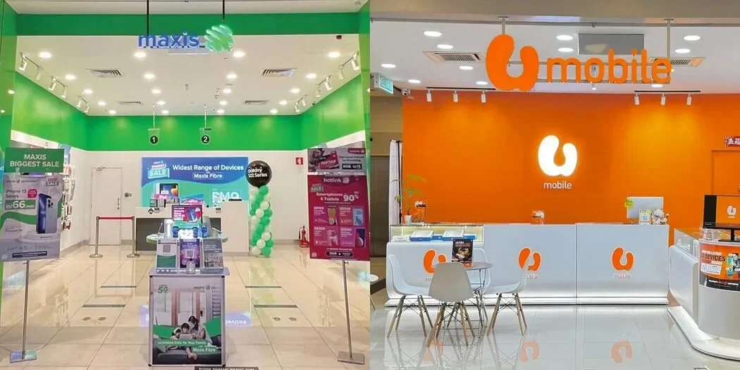 Dua toko telekomunikasi, satu hijau dan satu oranye, mewakili persaingan teknologi.