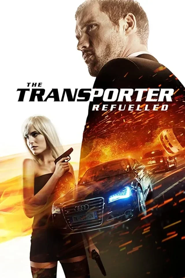 Poster film Transporter Refueled, mobil, wanita bergaun hitam, dan aksi.