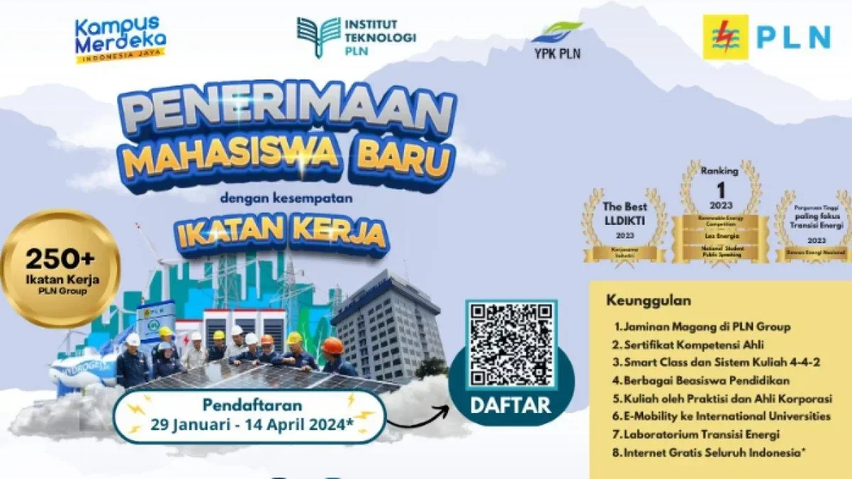 Iklan penerimaan mahasiswa baru Institut Teknologi PLN dengan berbagai keunggulan.
