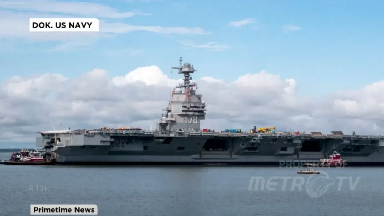 Ilustrasi kapal induk militer besar di laut dengan latar belakang langit berawan.