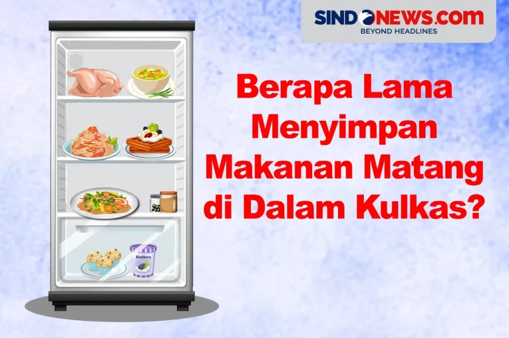 Ilustrasi kulkas berisi makanan matang dengan pertanyaan "Berapa Lama Menyimpan Makanan Matang?"