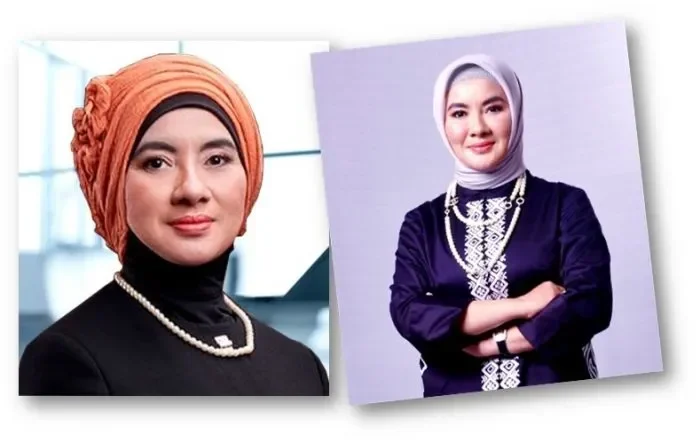 Potret dua wanita berhijab dengan latar belakang berbeda, representasi korporat dan profesional.