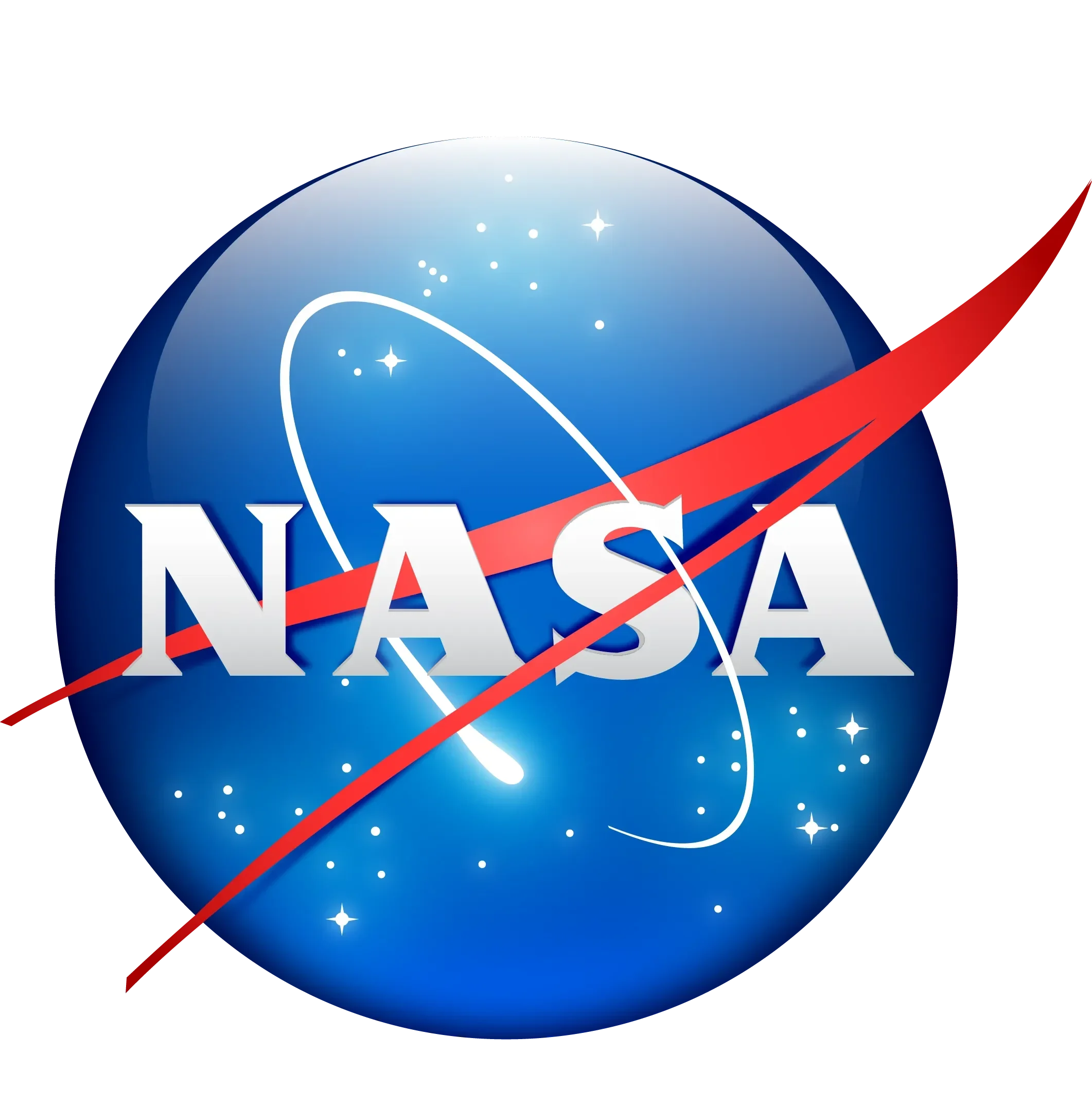 Logo NASA berwarna biru dengan tulisan putih "NASA", garis orbit, dan aksen merah.