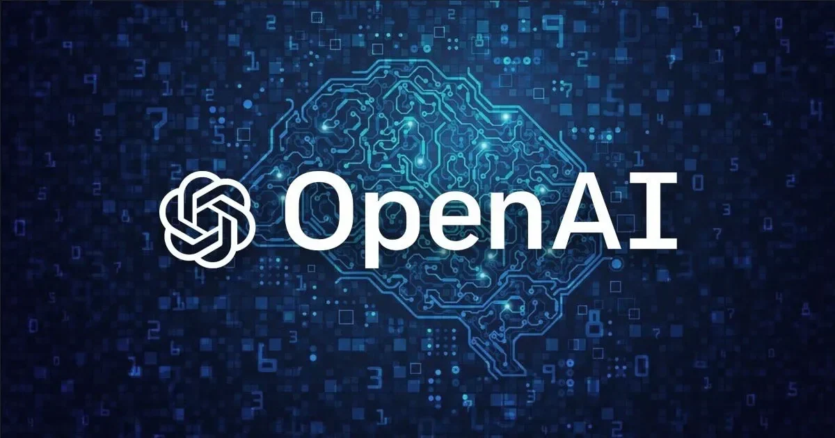 Logo OpenAI dengan latar belakang digital biru berbentuk otak.