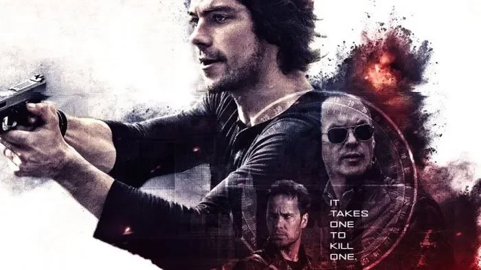 Poster film American Assassin: Dylan O'Brien, Michael Keaton, aksi, dan intrik.