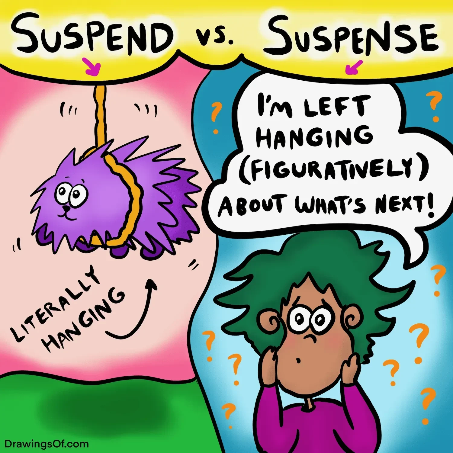 Ilustrasi perbedaan "suspend" (menggantung) dan "suspense" (menunggu). Kata "suspend" diasosiasikan dengan penangguhan akun Trump.